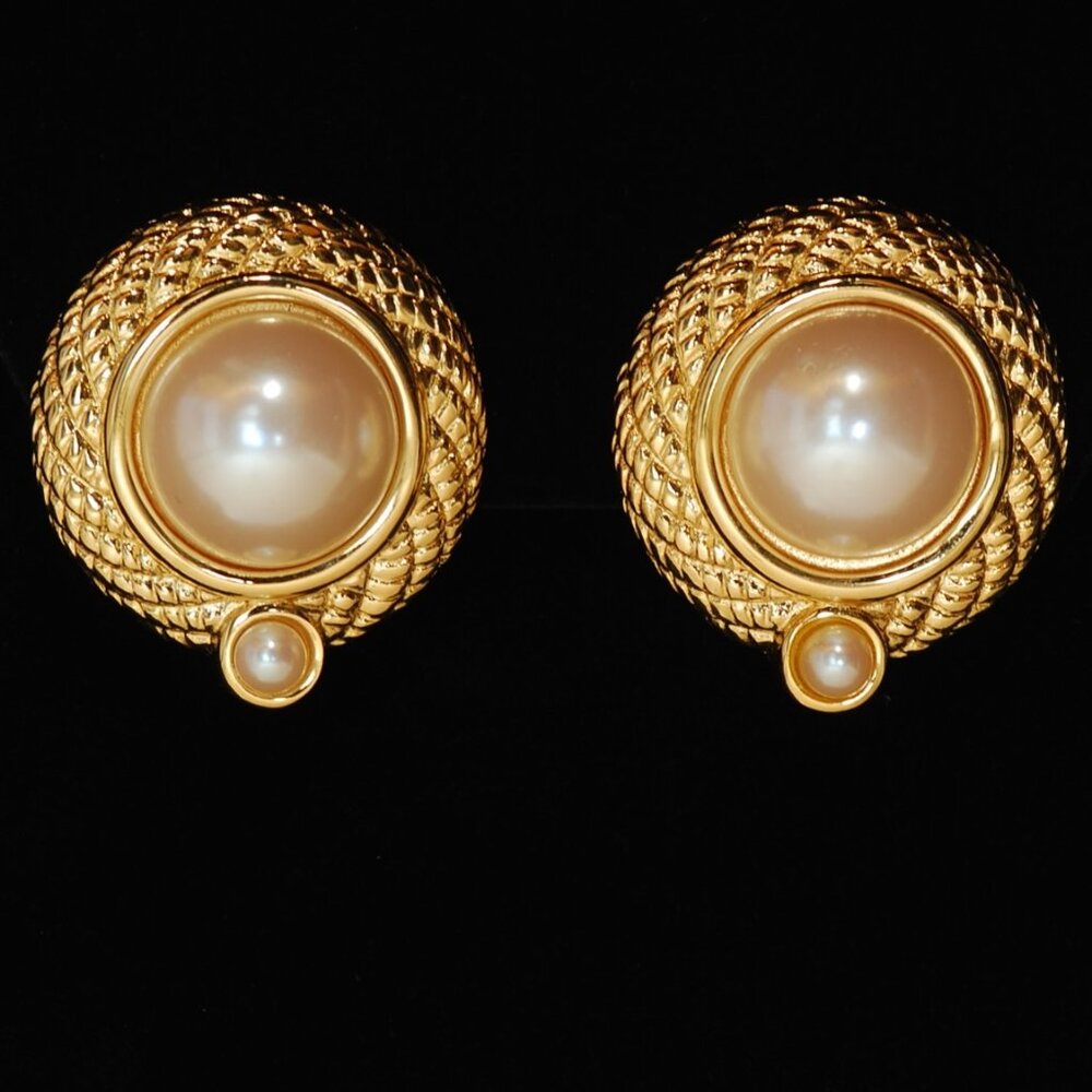 Givenchy Large Resin Pearl & Textured Metal Earrings - Signed